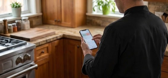 Employee using the app on a phone in a kitchen
